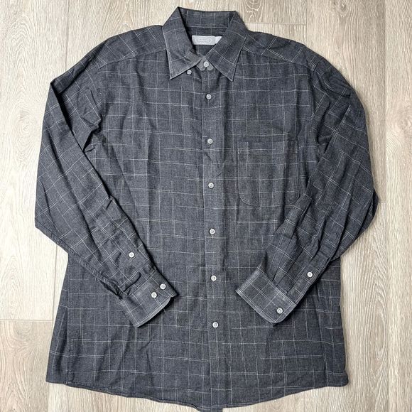 Talbots Men's Grey Checkered Window Pane Size Large Button Down Shirt - Picture 1 of 5